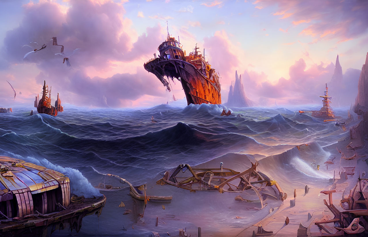 Surreal seascape with shipwrecks, undulating waves, purple sky, rocky peaks
