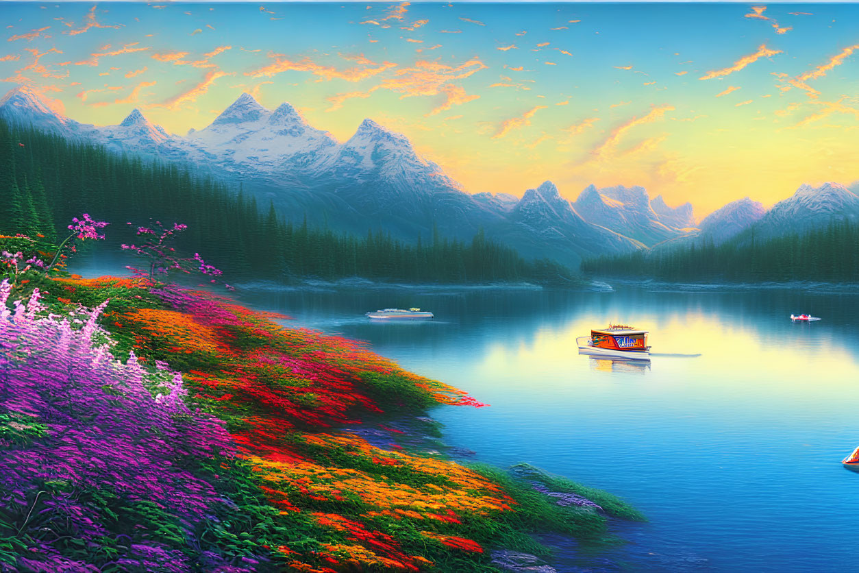 Tranquil lake scene with colorful flowers, boats, forested mountains, and sunset sky