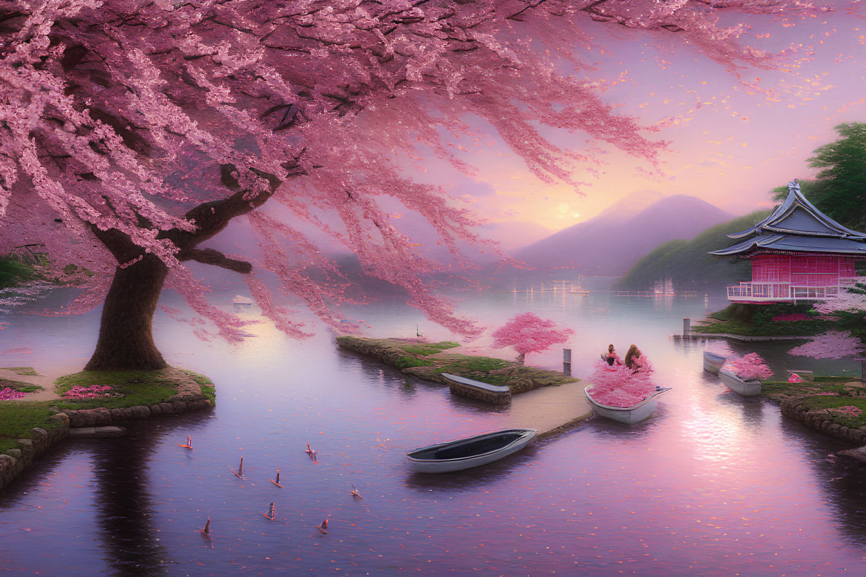 Pink Cherry Blossom Scene: Boating by Japanese Pagoda at Sunset