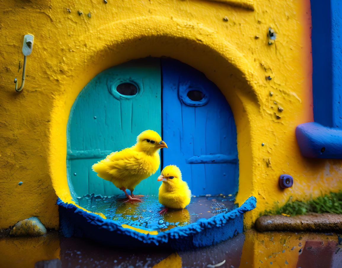 Two yellow chicks in front of a colorful doorway in whimsical setting