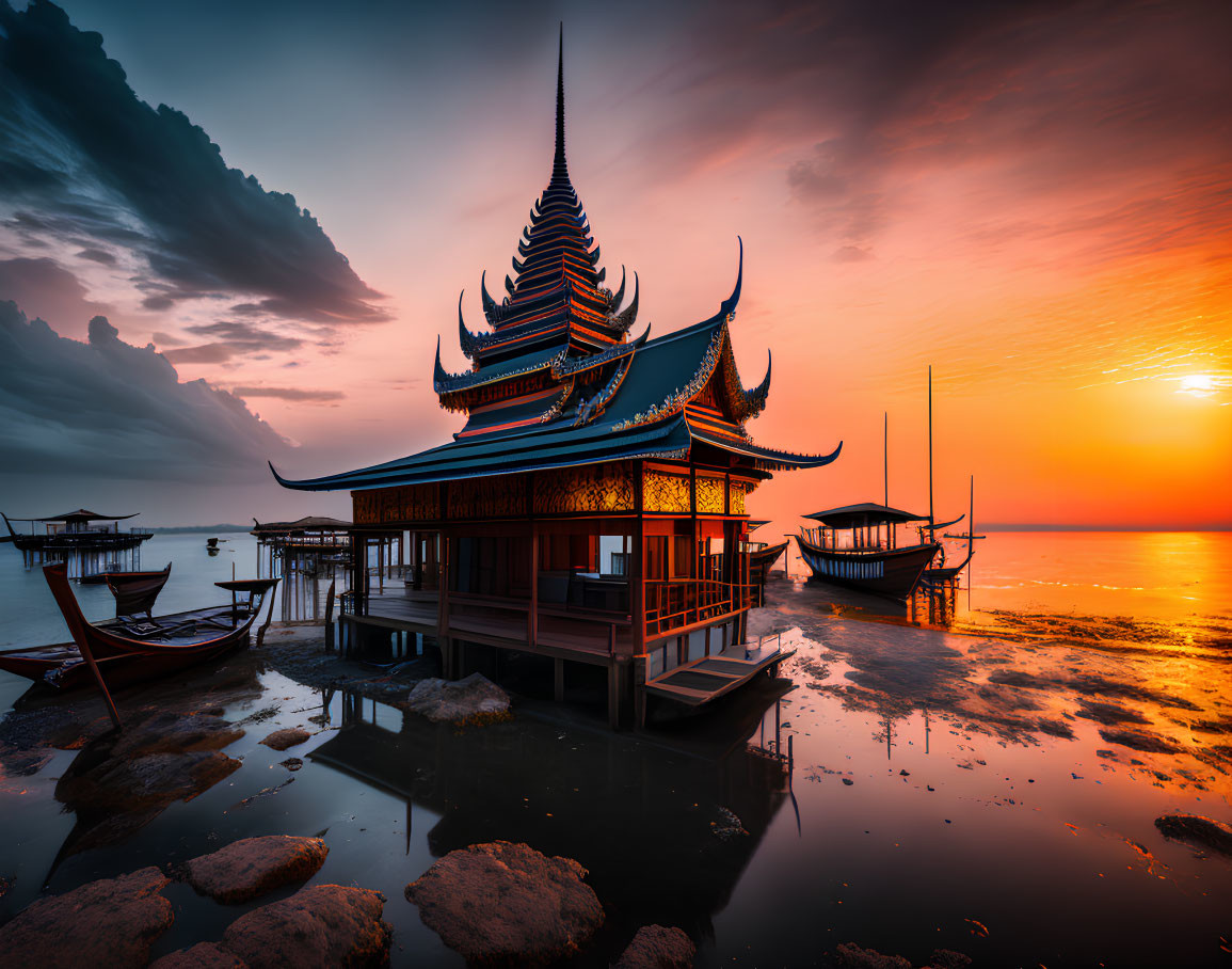 Traditional Asian Floating Pavilion at Sunset with Vibrant Skies