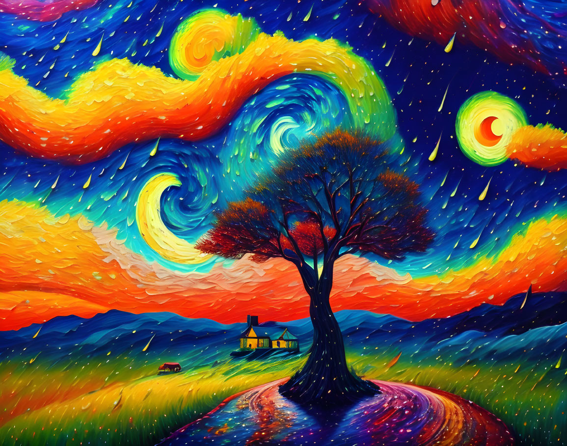 Colorful Van Gogh-Inspired Landscape with Swirling Starry Sky