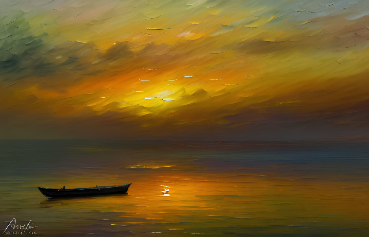 Tranquil sunset seascape with lone boat, golden sky, and birds