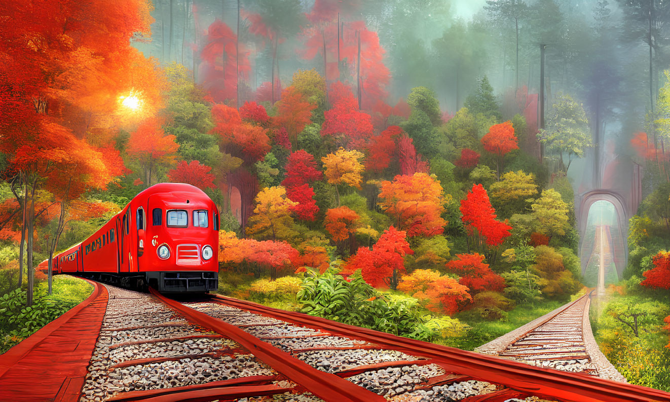 Red train moving through misty forest with autumn foliage on tracks