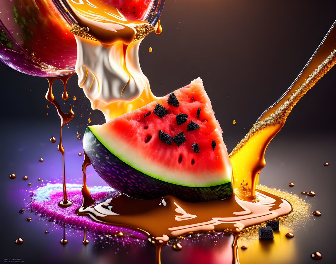 Colorful liquids and fire surround watermelon slice on reflective surface