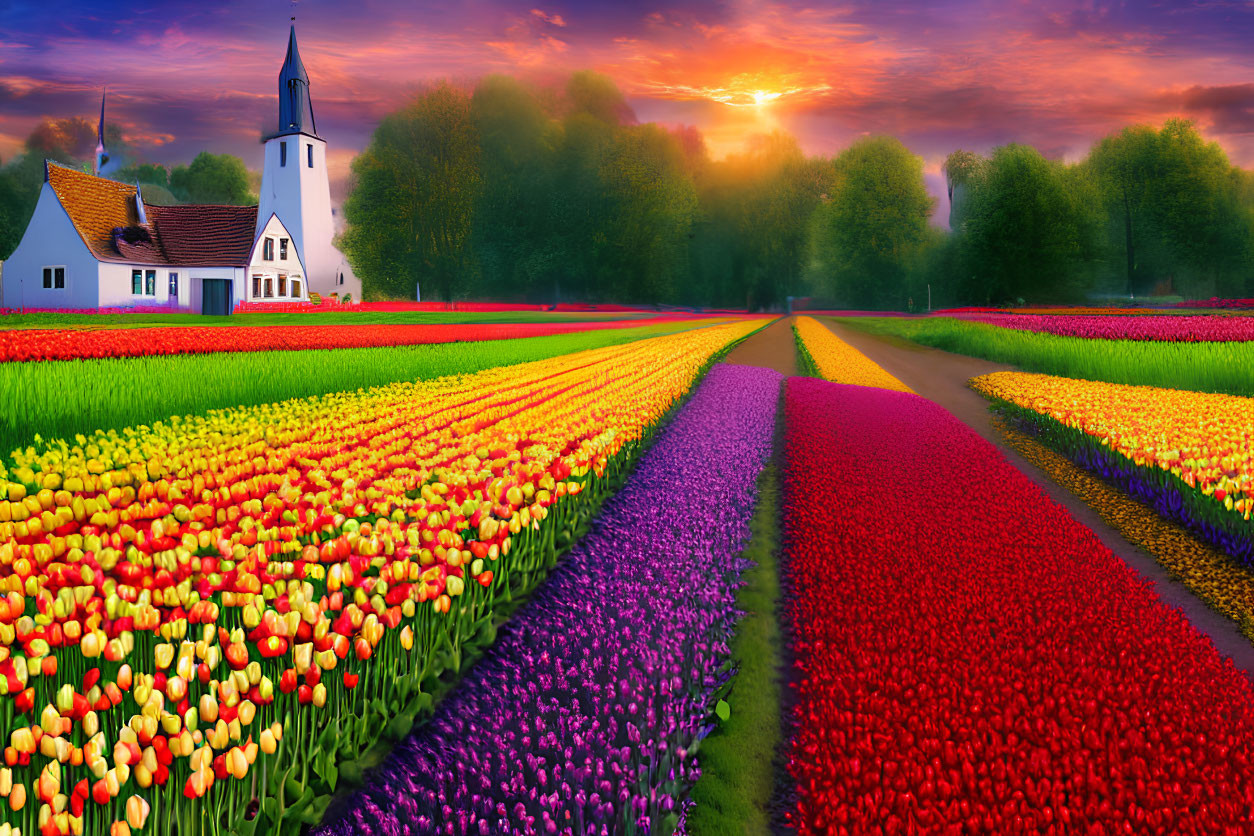 Colorful Tulip Field with White Church and Sunset Sky