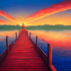 Scenic sunset over calm water from wooden pier with lighthouse