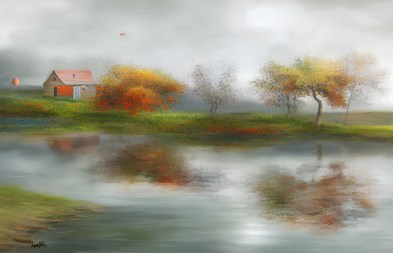 Isolated House by Autumn Pond Surrounded by Misty Landscape