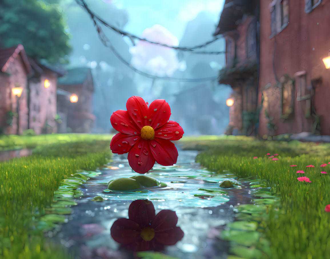 Red flower with water droplets on pond in village street at twilight