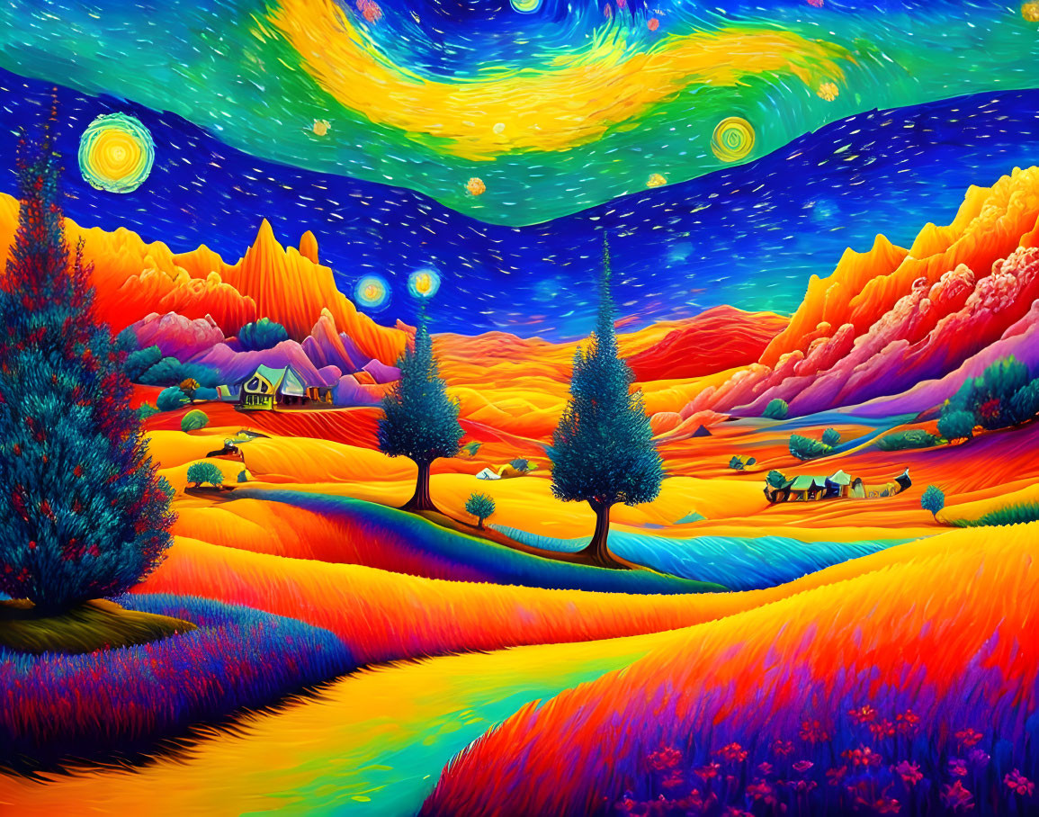 Colorful landscape painting: swirling night sky, rolling hills, cottage, trees, horse-drawn carriage