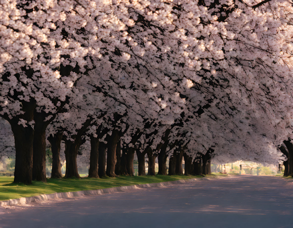 Tranquil dusk scene with blooming cherry blossom trees along avenue
