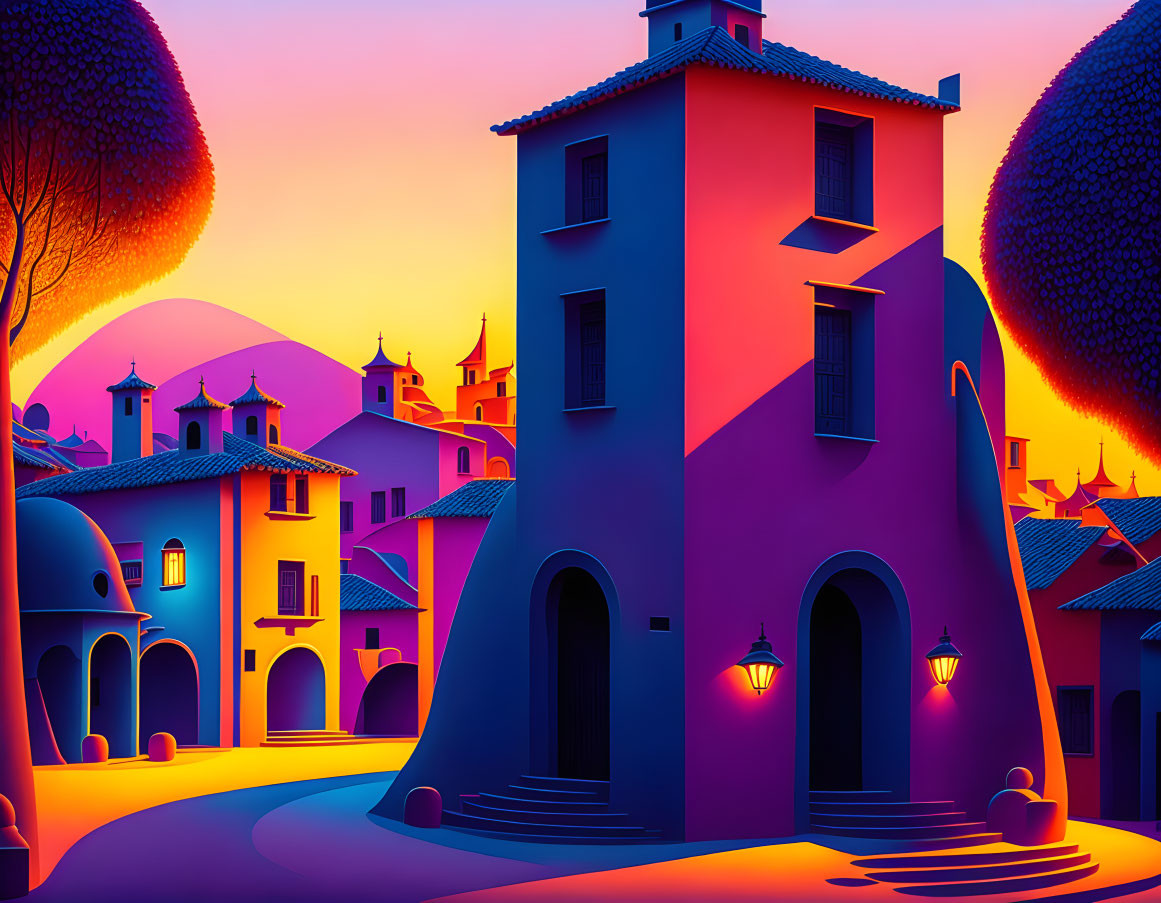 Whimsical village with purple houses and glowing lanterns