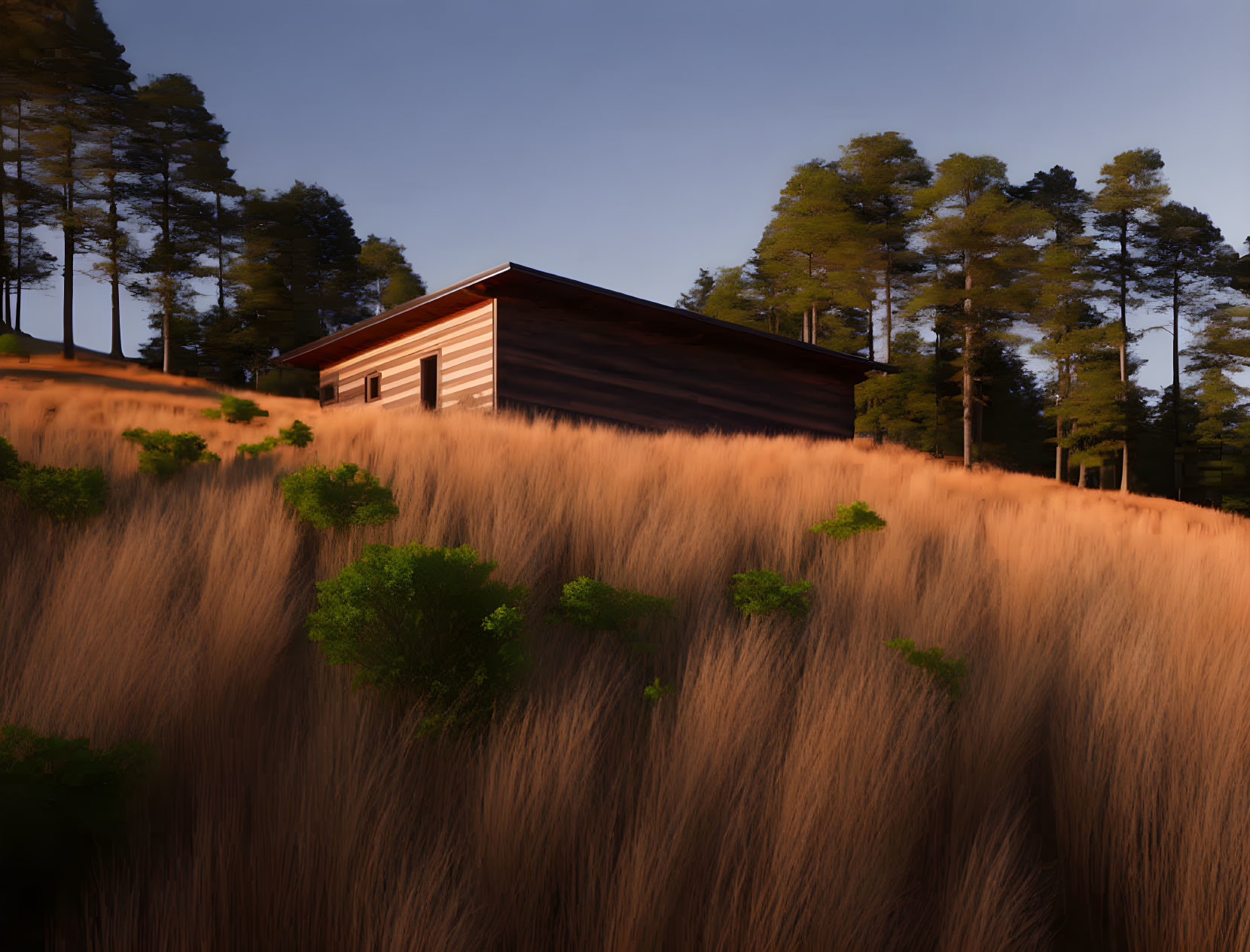Small wooden cabin on a hill.
