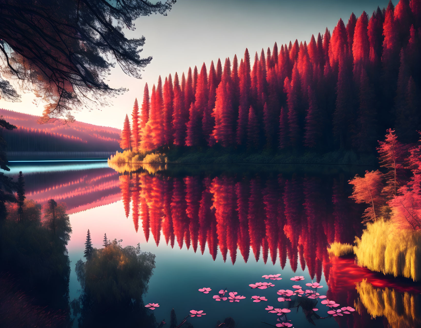 A beautiful forest next to a lake.