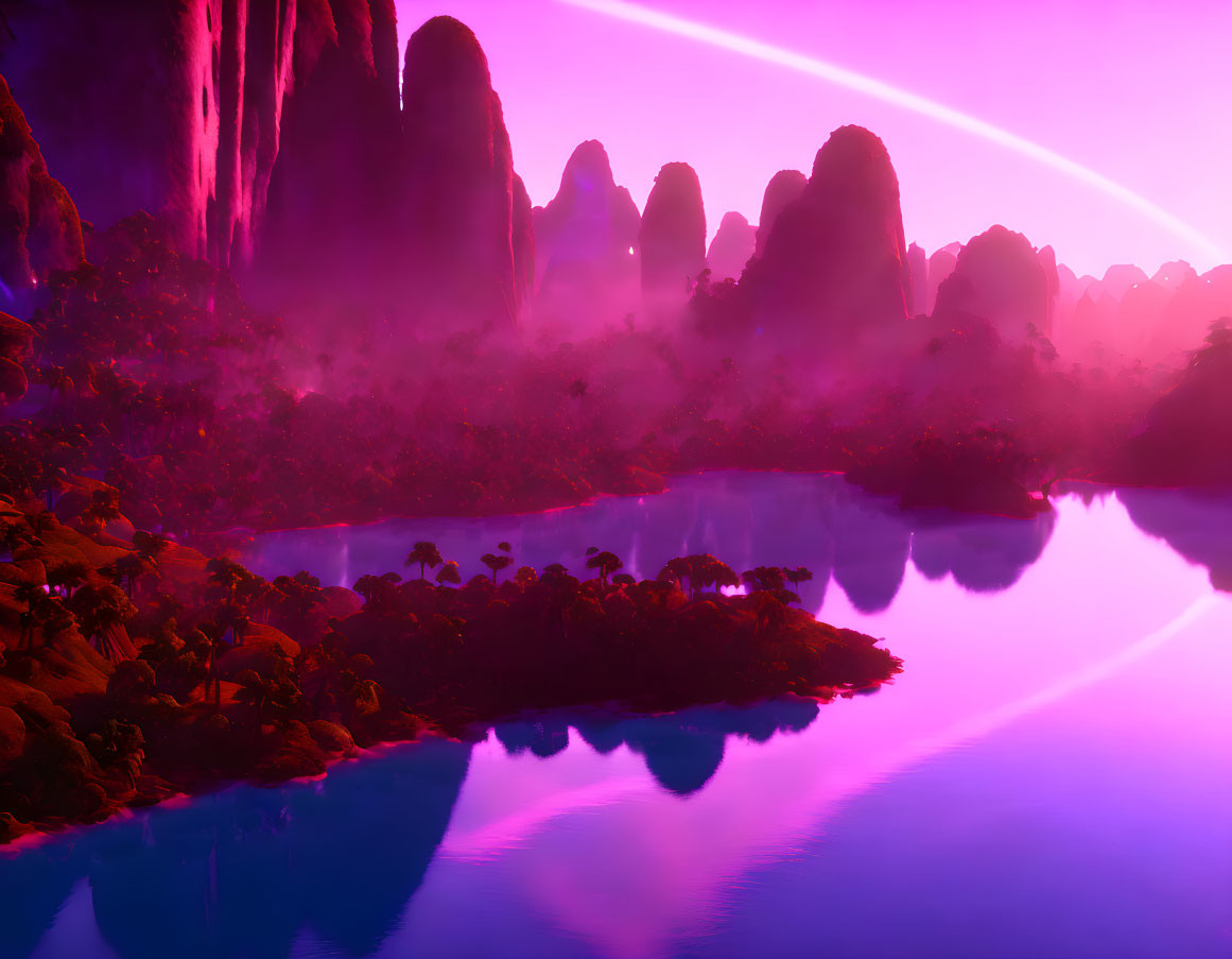 Surreal neon-lit landscape with rock formations, reflective water, mist, and pink sky