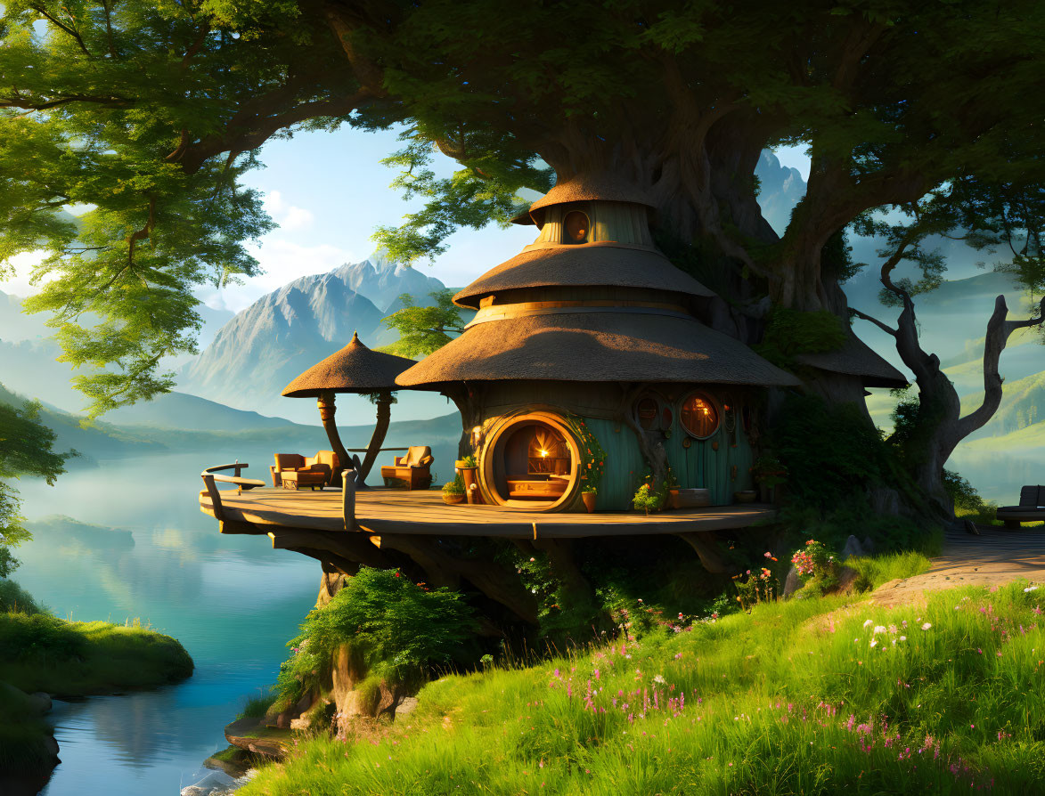 Fantasy treehouse by river with mountains, lush greenery, warm glow