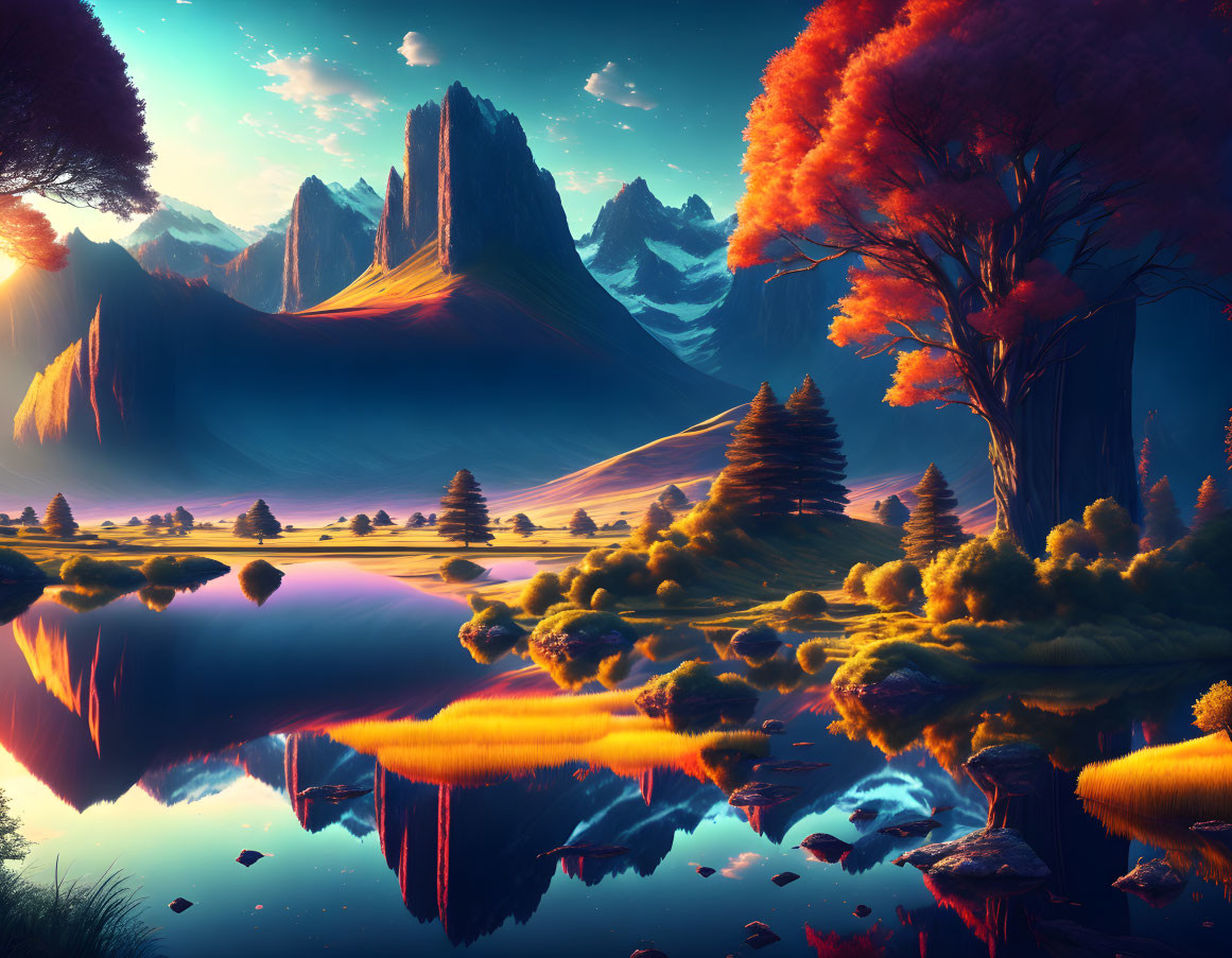 Fantasy landscape with reflective lake, mountains, autumn trees, sunset sky