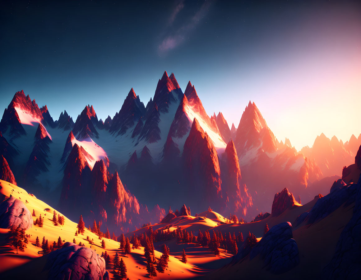Vivid sunset over stark mountain range with silhouetted peaks
