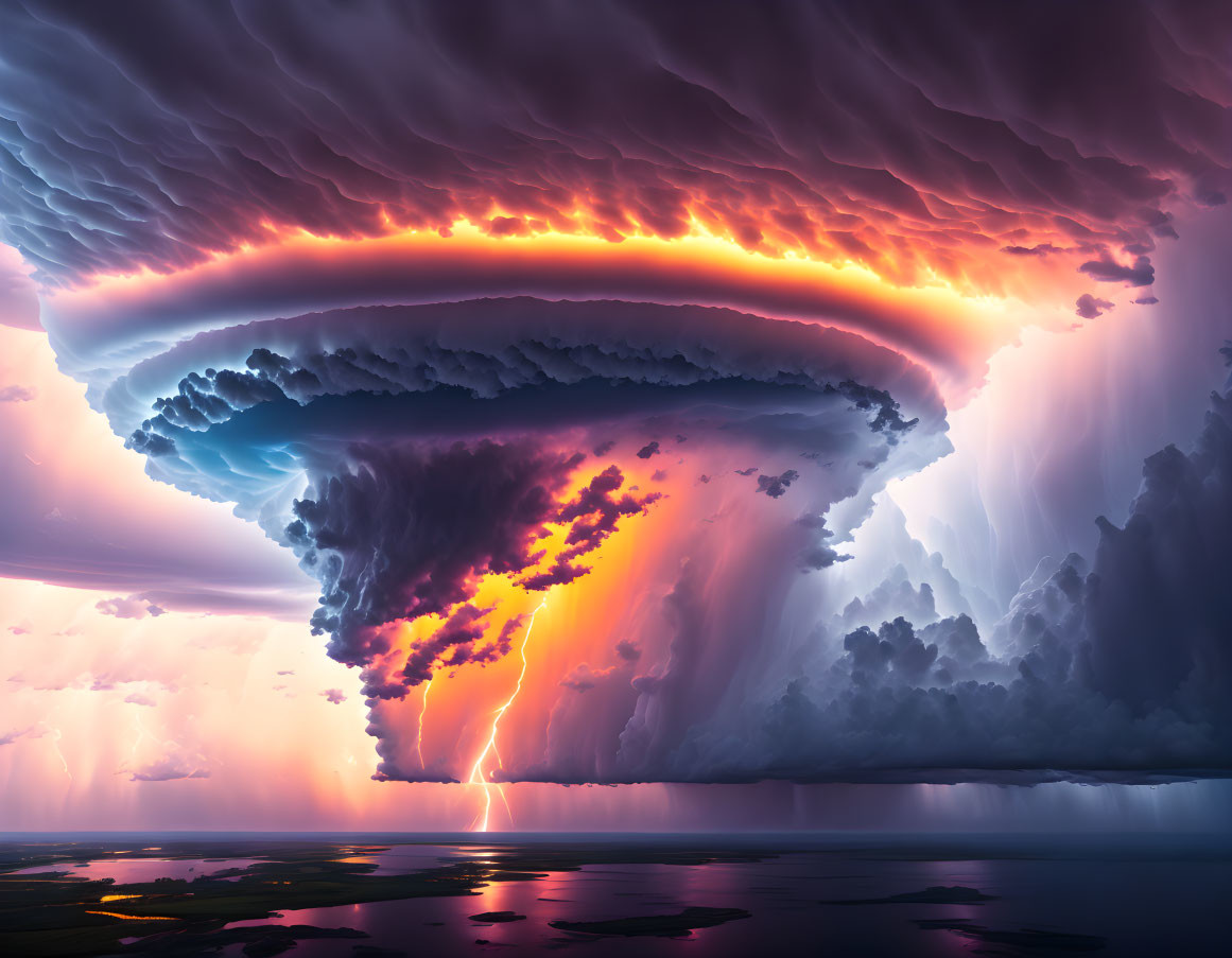 Dramatic Supercell Thunderstorm with Swirling Clouds and Lightning Strike