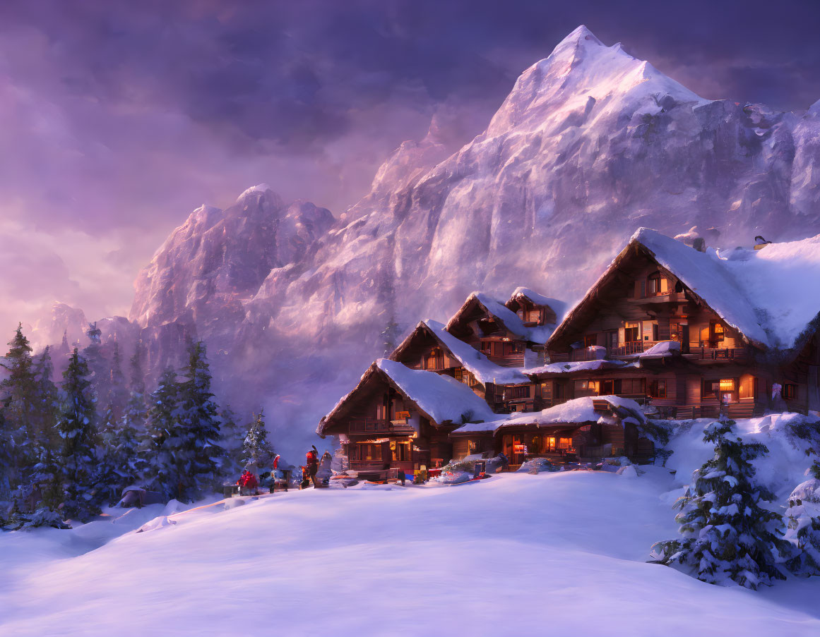 Winter village with illuminated chalets under purple sky