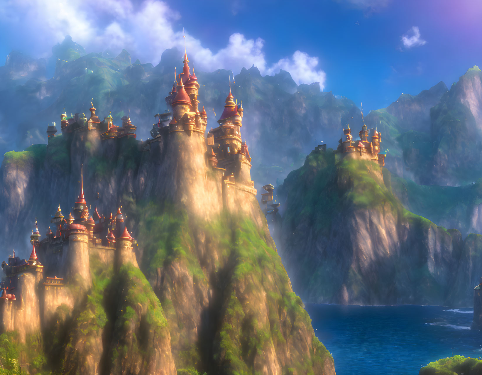 Fantastical coastal landscape with glowing castles on lush cliffs