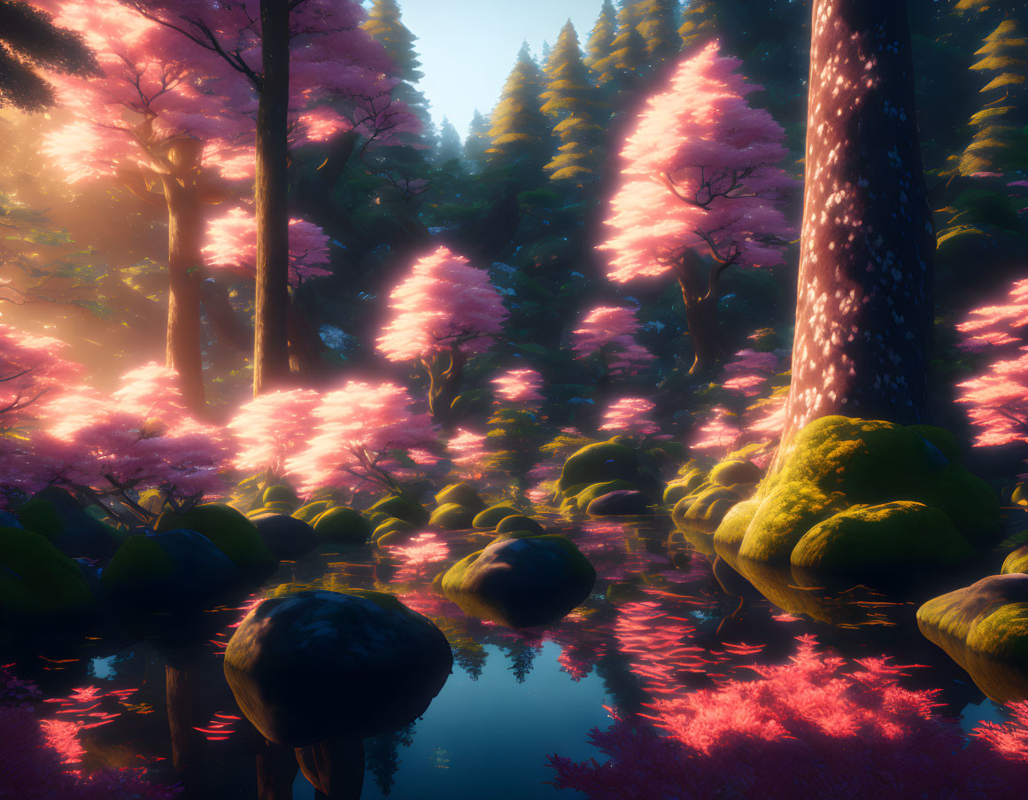 Tranquil forest pond with cherry blossoms and golden light