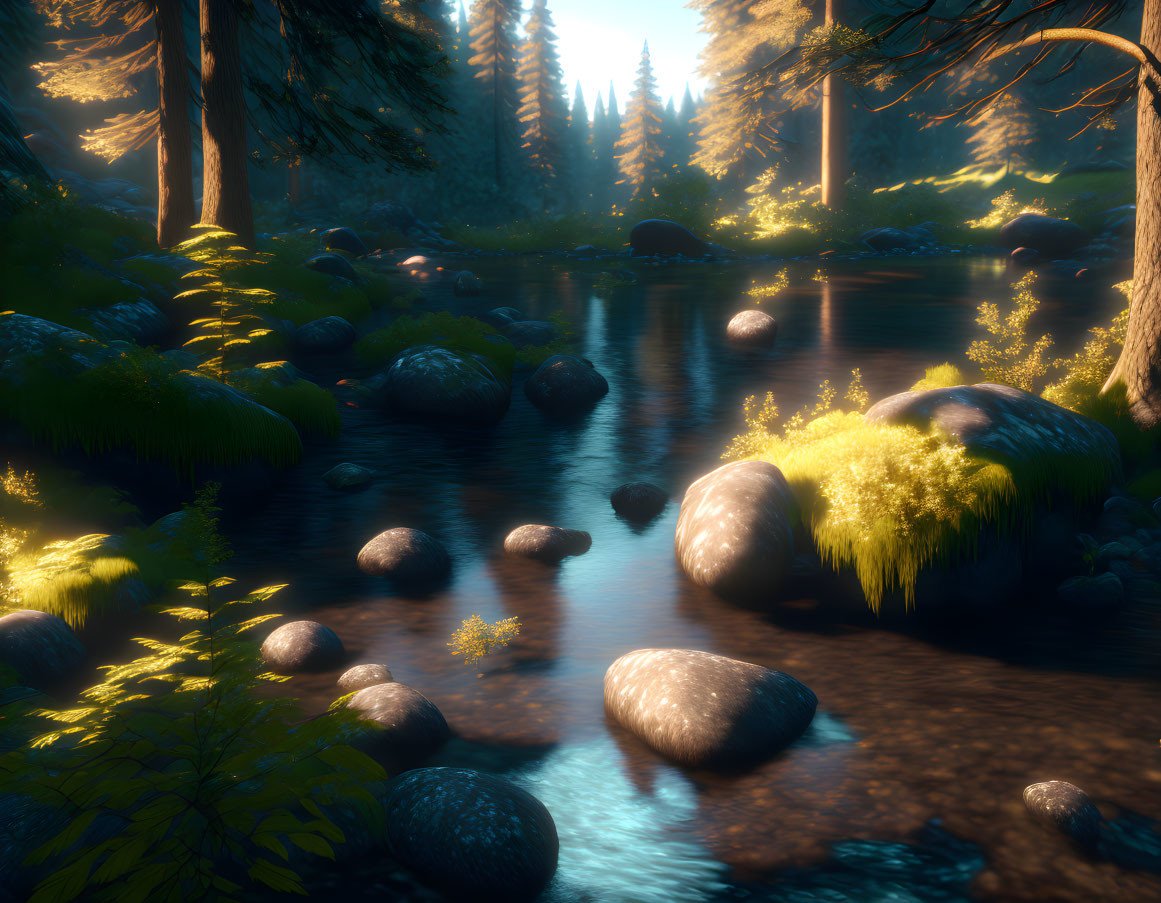 Tranquil forest landscape with sunlit stream and pine trees