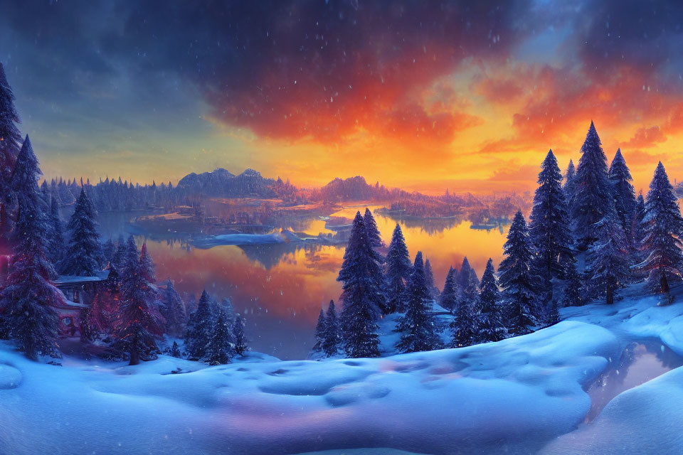 Snow-covered pine trees and lake in twilight winter landscape