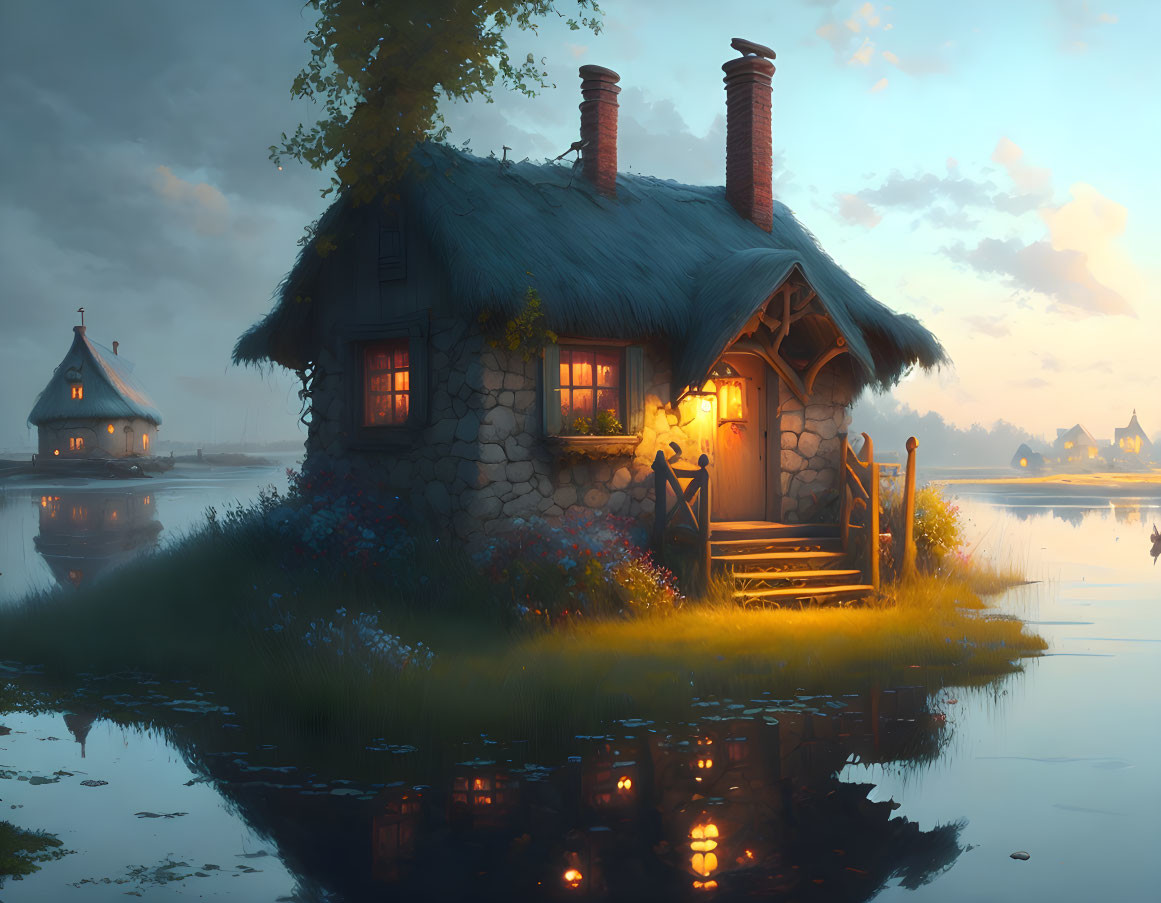 Tranquil lake cottage with thatched roof at dusk