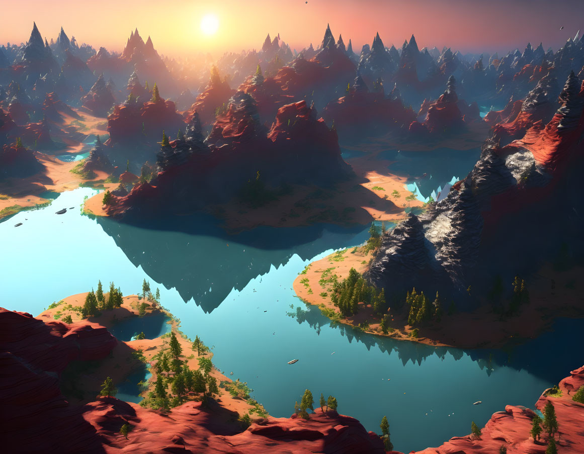 Tranquil digital sunset landscape with mountains, lake, and red terrain