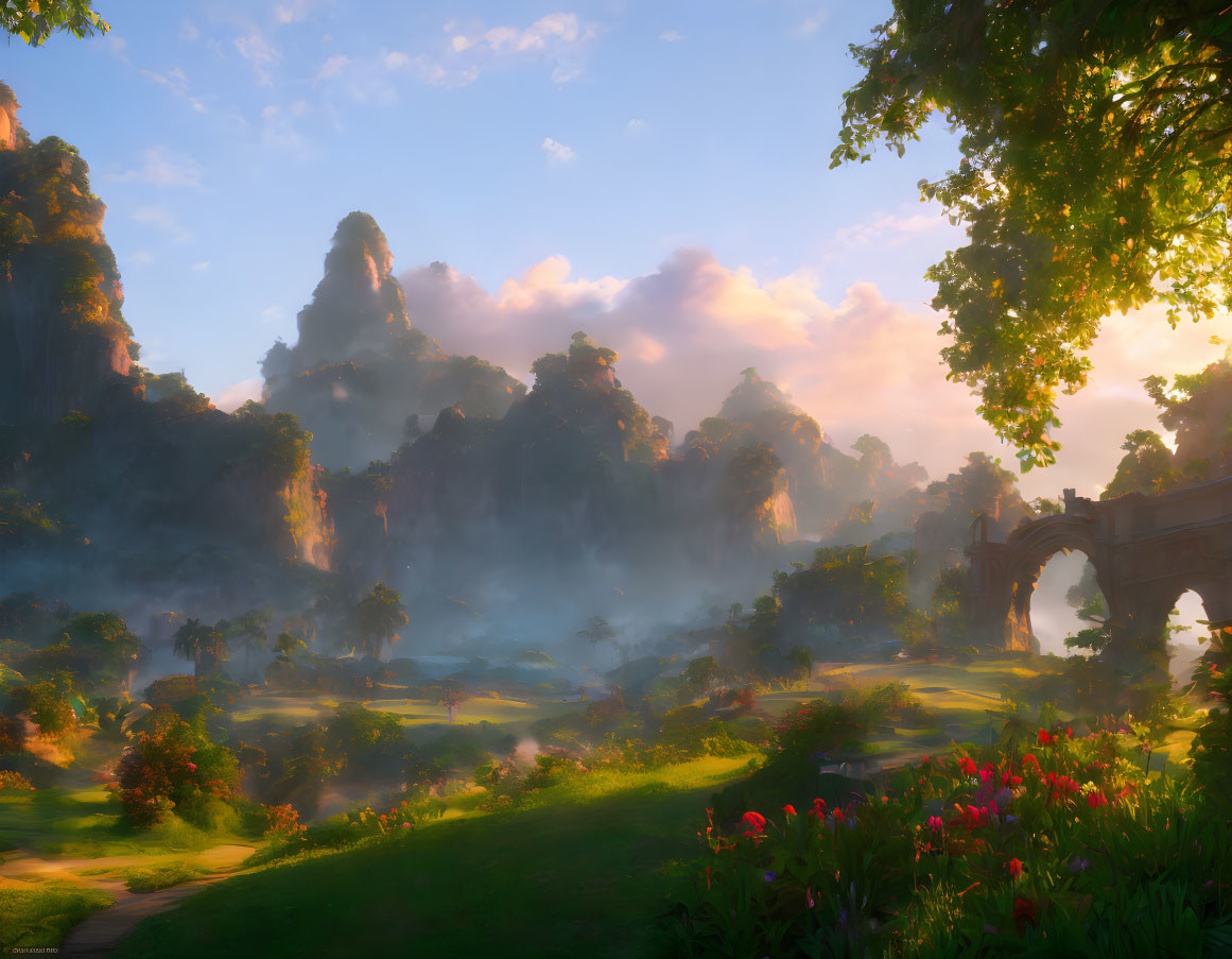 Sunlit mist over towering rocks, lush greenery, ancient archway, vibrant flowers under a blue