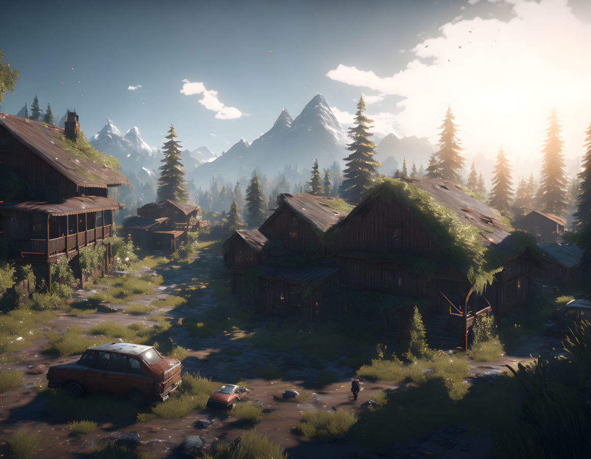 Rustic village nestled in forested mountains at sunset