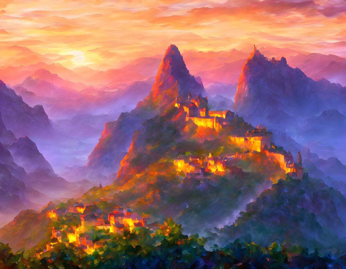 Sunlit mountain landscape with castle-like buildings at sunset