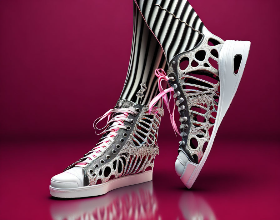 Metallic Silver High-Top Sneaker with Cut-Out Patterns and Pink Laces