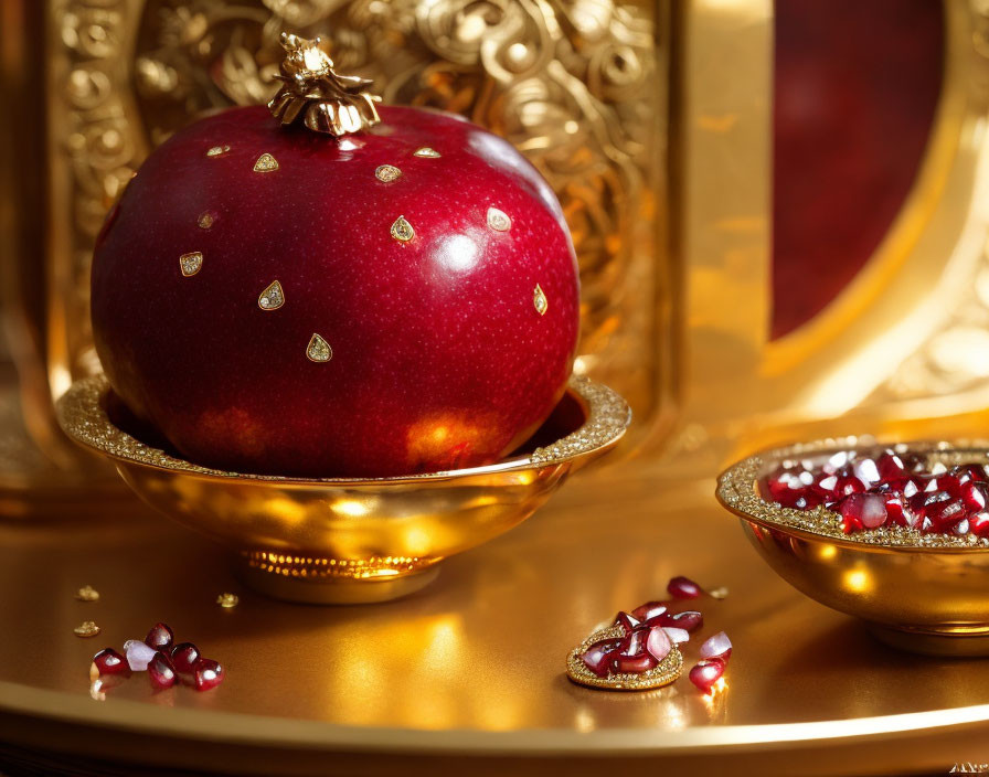 Luxurious Red Apple Centerpiece on Gold Dish with Pomegranate Seeds