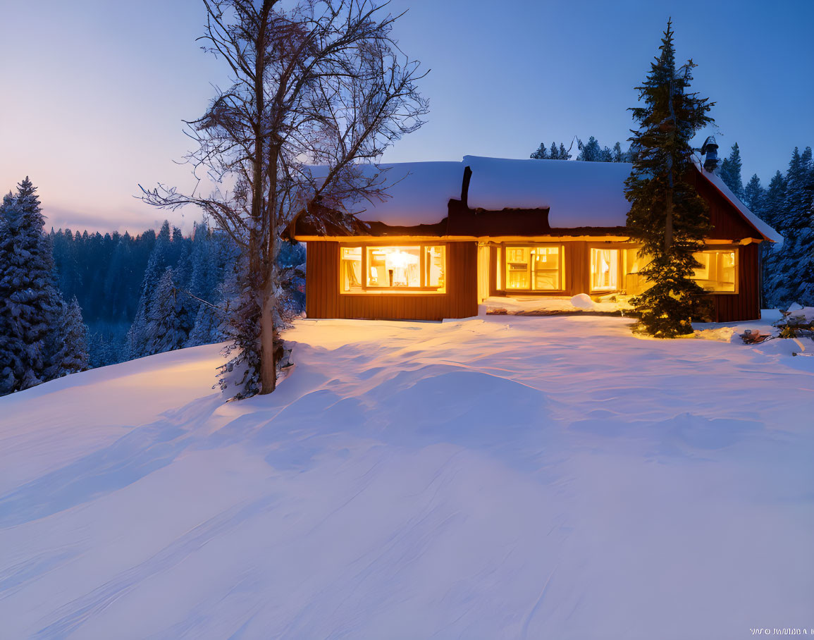 Snowy landscape with cozy cabin and illuminated windows at twilight