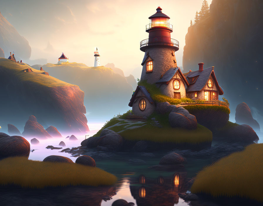 Tranquil digital artwork of lighthouse on grassy islet at dusk