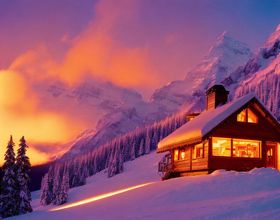 Snowy Twilight Scene: Cozy Cabin in Majestic Mountain Landscape