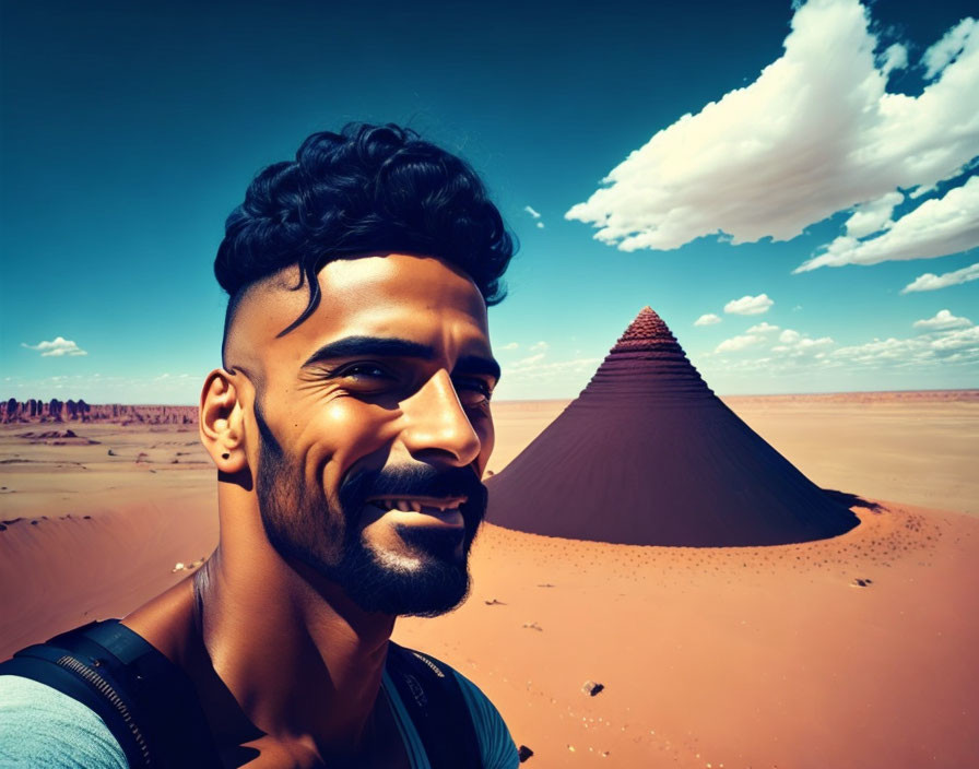 Bearded man taking selfie with sand dune in desert landscape