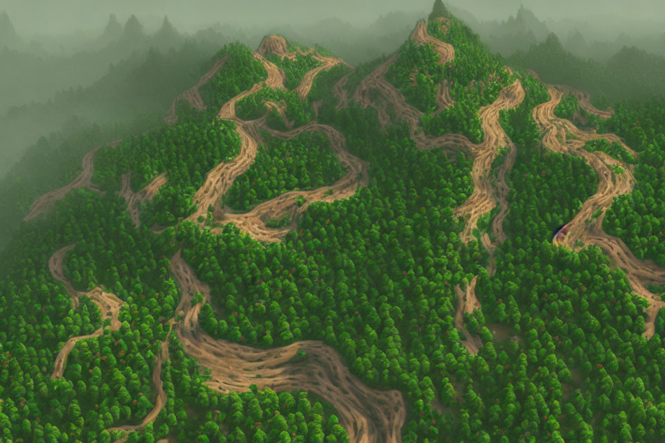Verdant Forest with Winding Dirt Trails and Rolling Hills