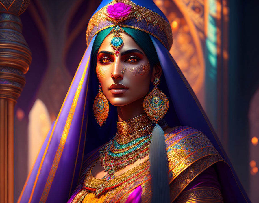 Regal figure with blue and gold headdress and ornate jewelry