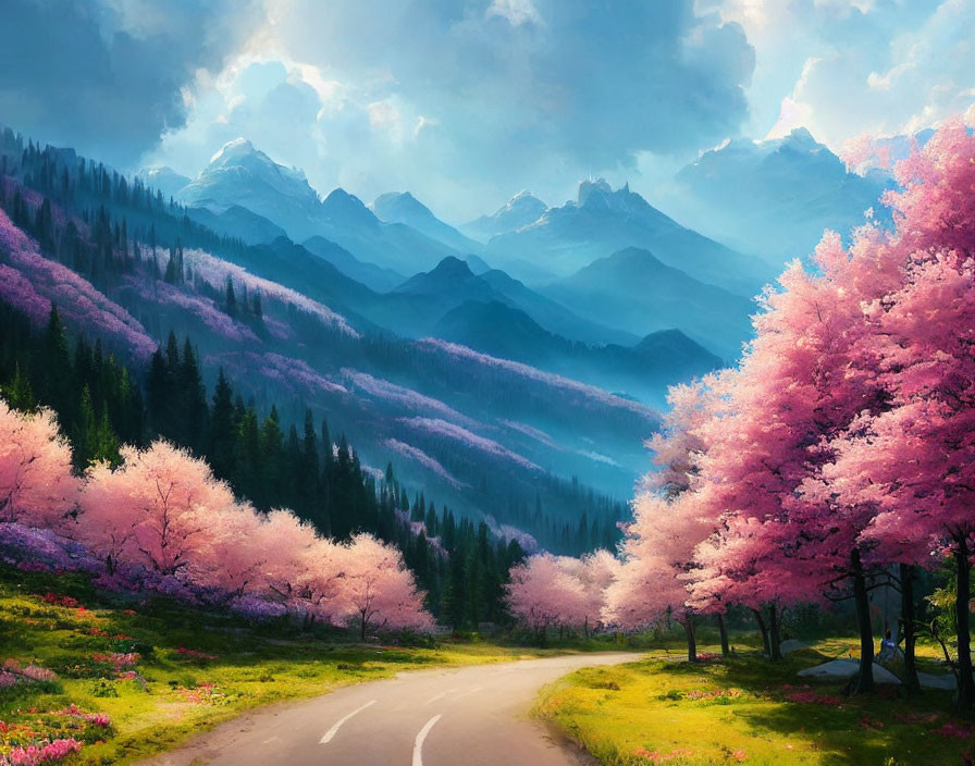 Tranquil Landscape: Pink Cherry Trees, Winding Road, Misty Mountains