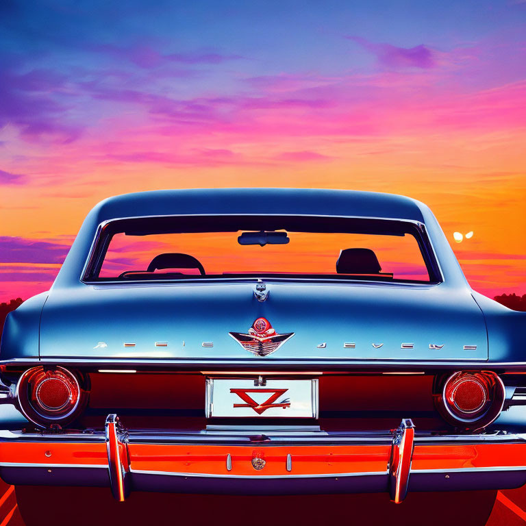 Classic Blue Car with Tailfins and Badge at Sunset