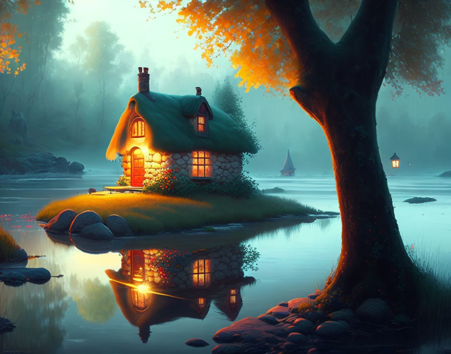 Tranquil lake at twilight with mossy roof cottage and glowing lantern