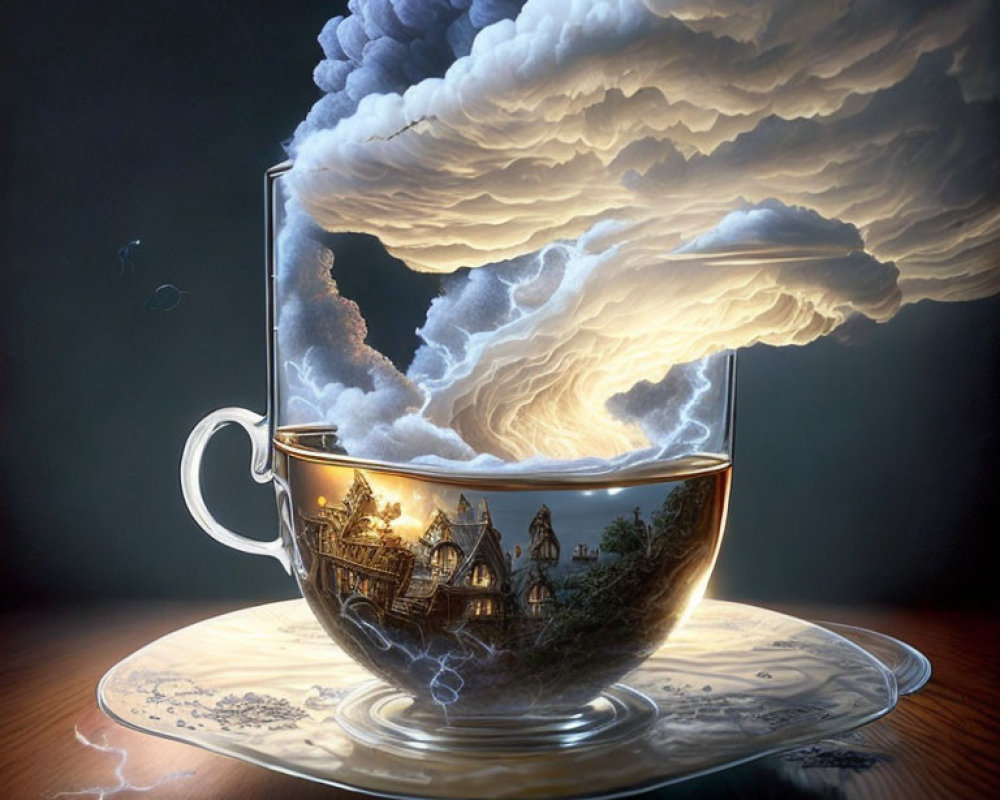 Surreal teacup with storm, lightning, miniature village on patterned saucer