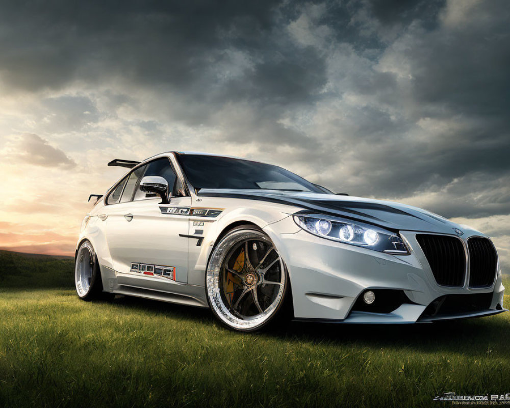 Modified white BMW with aftermarket body kit and wheels under dramatic sunset sky