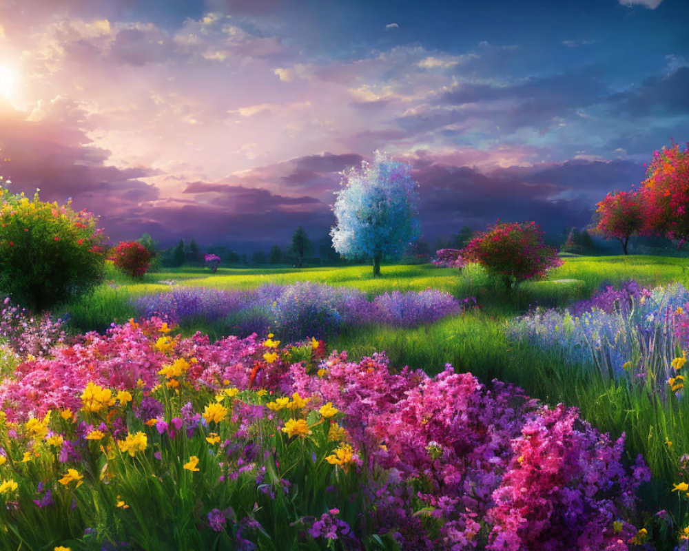 Colorful landscape with blooming flowers, trees, sun, and clouds