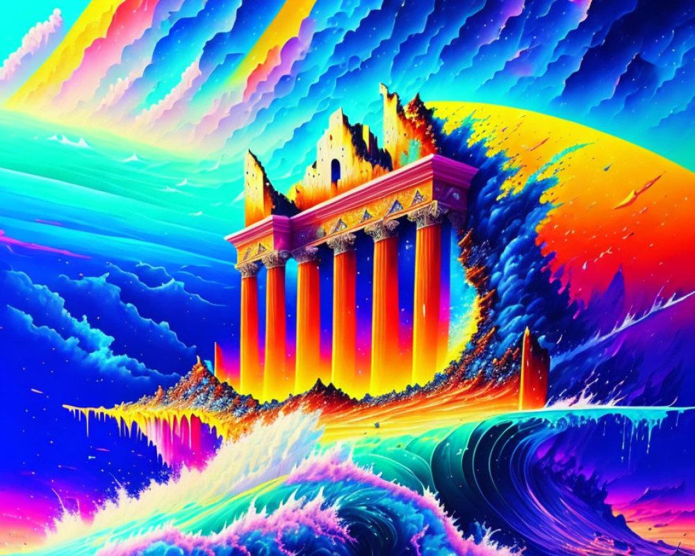 Surreal artwork of temple on hill with waterfalls and psychedelic skies