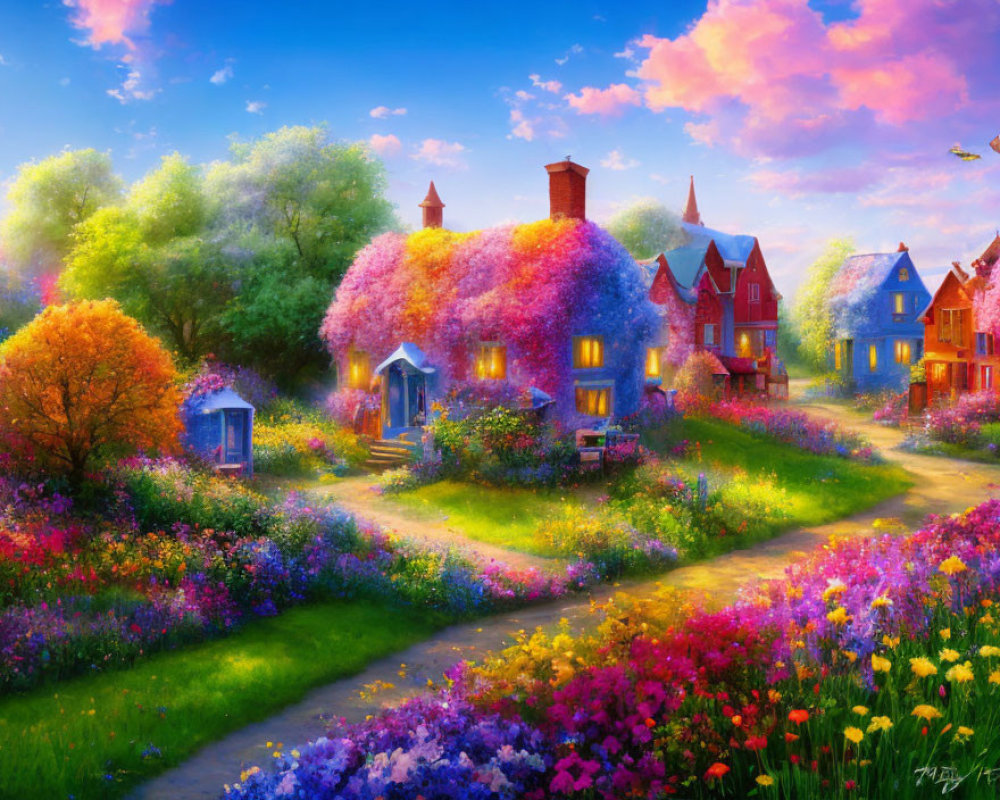 Colorful Landscape Painting with Blooming Trees and Cottages