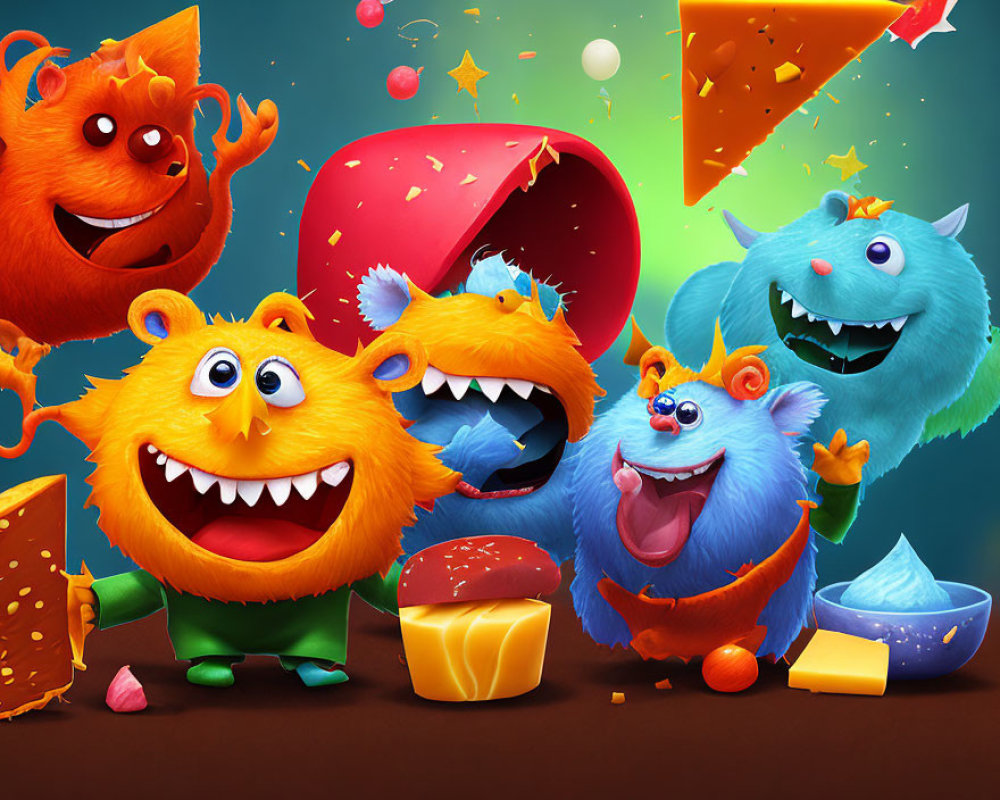 Vibrant cartoon monsters enjoying cheese on colorful background
